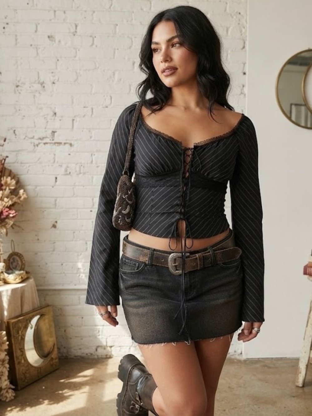 Y2K Heart Moon Star Black Pinstripe Lace-Up Fairy Grunge Boho Long Sleeve Top M